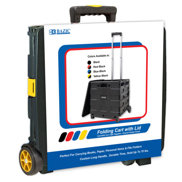 Image of the Bazic #2198 Foldable Rolling Cart with a lid in yellow. The cart features a telescoping handle and durable tires. The display indicates available colors: black, red-black, blue-black, and yellow-black. This versatile folding cart is suited for carrying books, paper, personal items, and file folders and measures 16" x 18" x 15".
