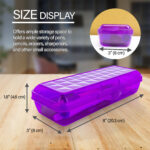 The #835 LUCENT 8" Pencil Case Organizer Box, in a sleek purple rectangular design with a gridded lid, is displayed on a wooden table. The dimensions are clearly marked: 8 inches (20.3 cm) long, 3 inches (8 cm) wide, and 1.8 inches (4.6 cm) tall. Text highlights that it provides ample storage for pens, pencils, erasers, sharpeners, and accessories.