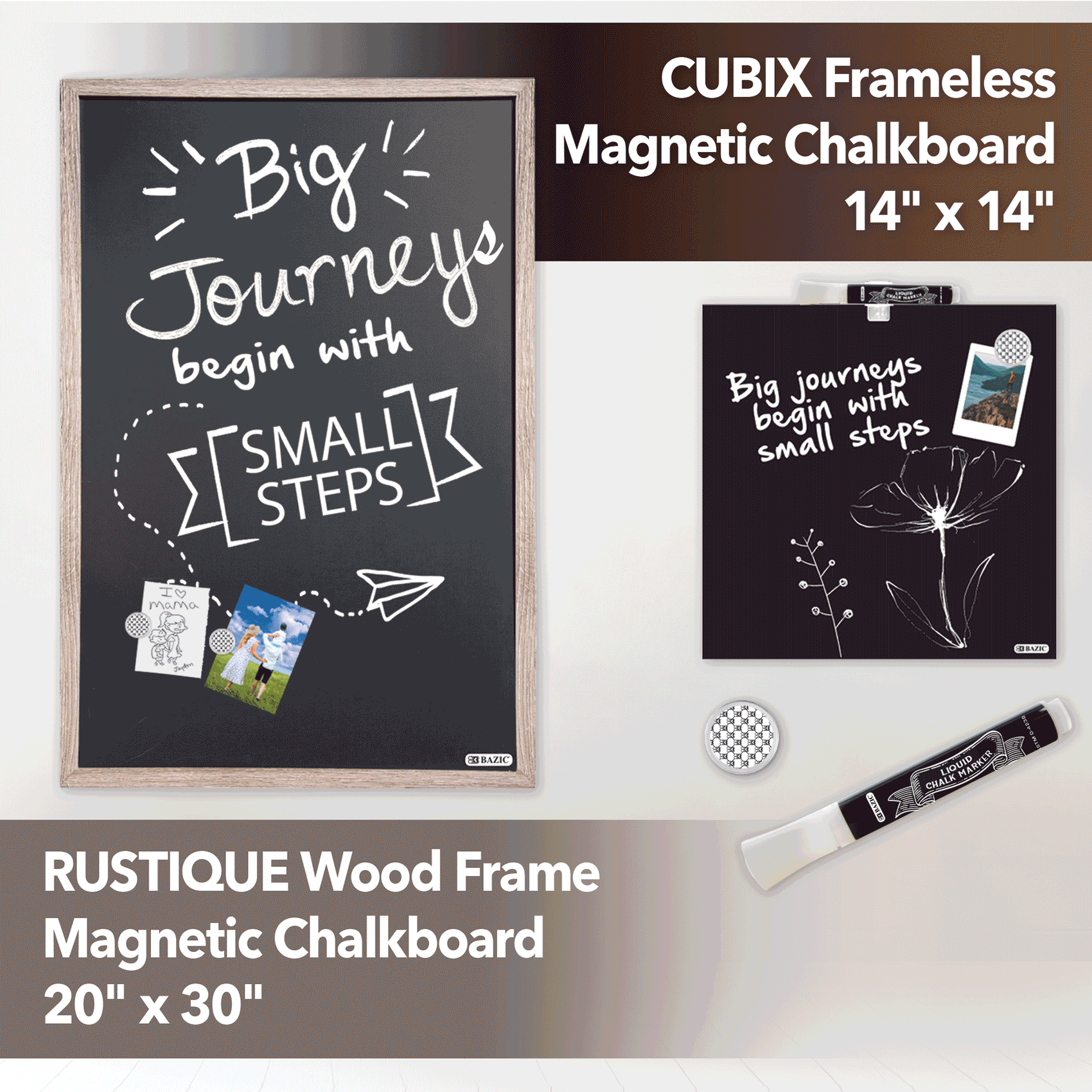 NEW: 14″ x 14″ CUBIX Frameless Magnetic Chalkboard w/ Chalk Marker & Magnet + RUSTIQUE Wood Frame Magnetic Chalkboard 20″ x 30″